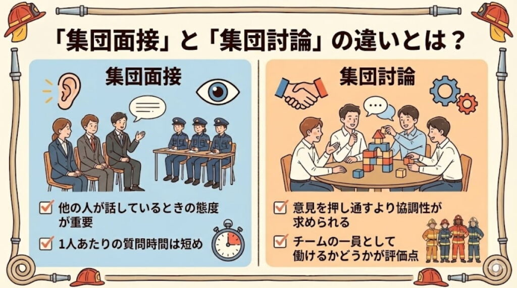 消防士採用試験における「集団面接」と「集団討論」の違いについて