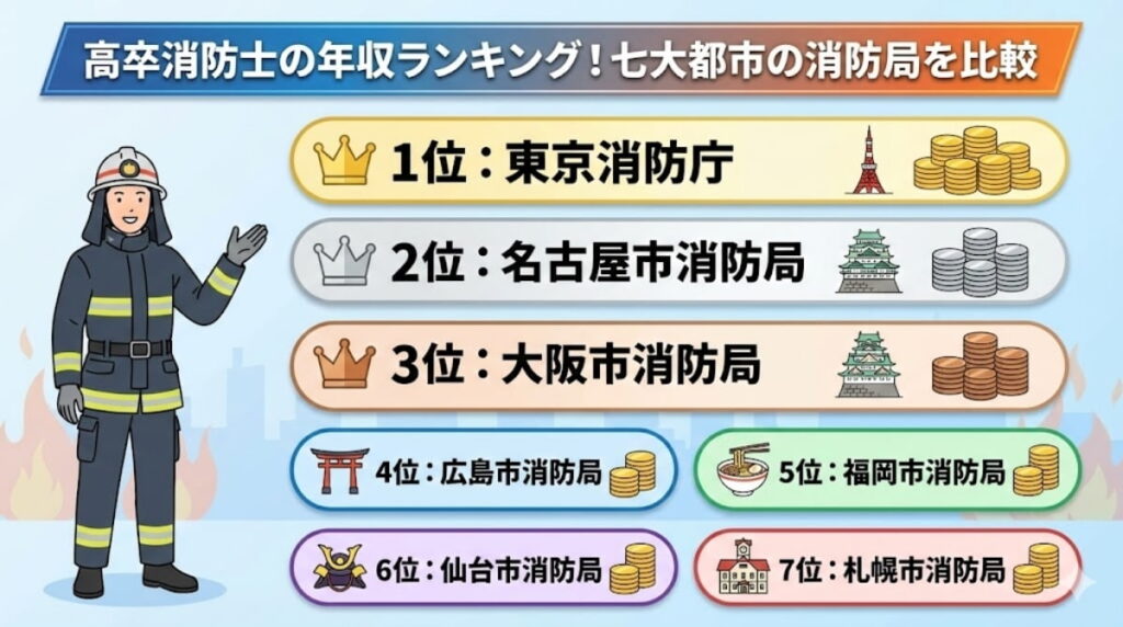 高卒消防士の年収ランキング！七大都市の消防局を比較