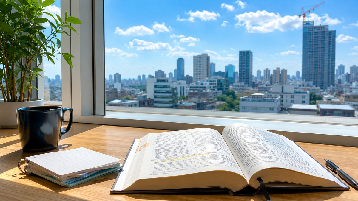 青空の見える窓際で参考書を開く昼休みの勉強