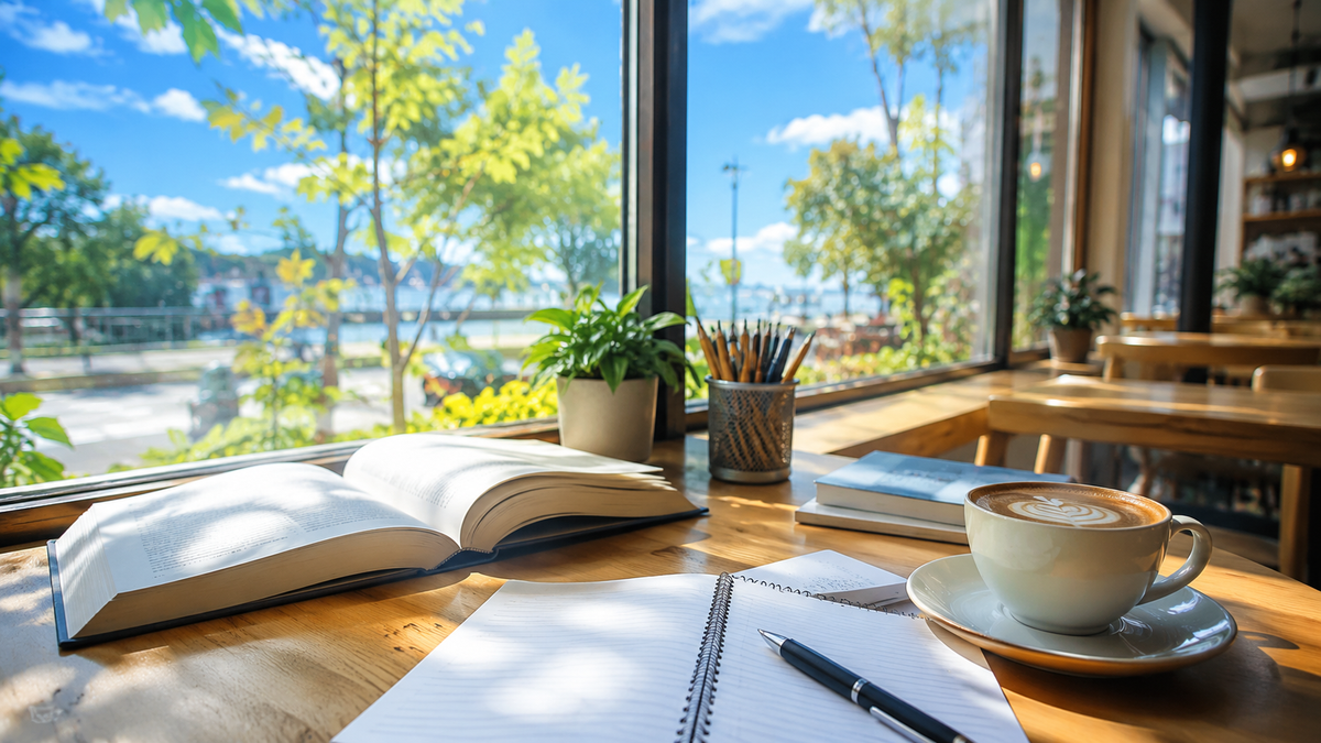 快晴の朝のカフェで参考書を開く朝活勉強