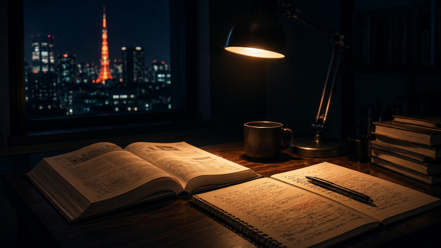 深夜の勉強机と東京タワーの夜景 東京消防庁採用試験の受験勉強