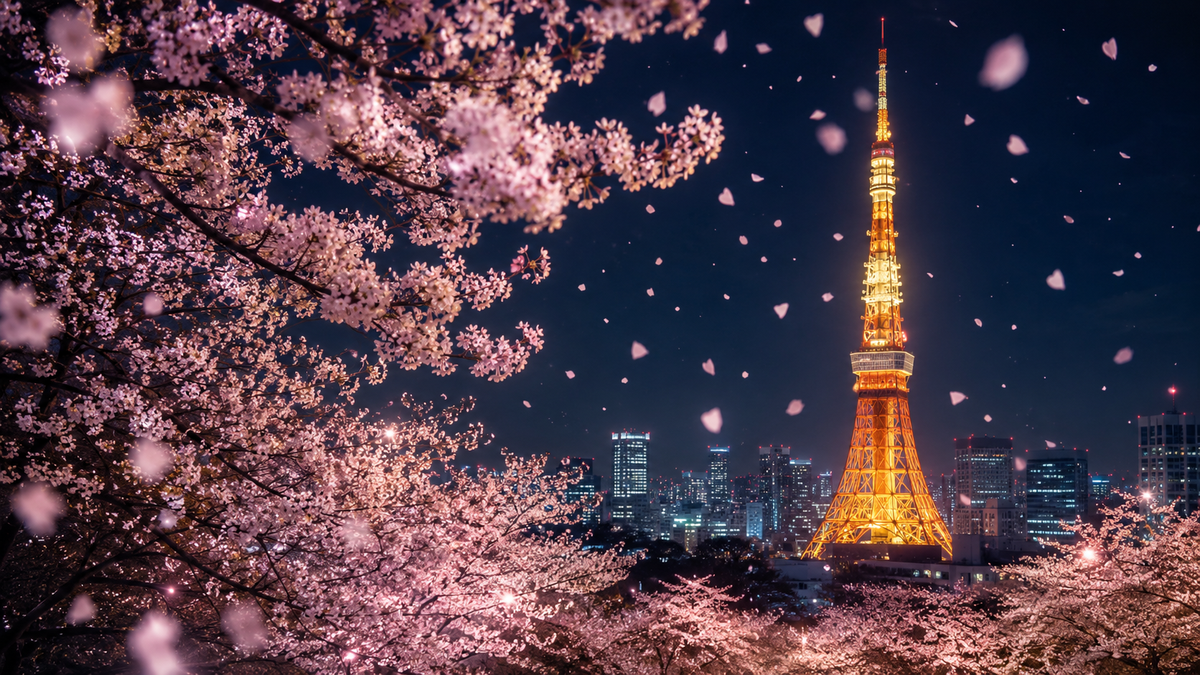 満開の夜桜と東京タワー 合格の春