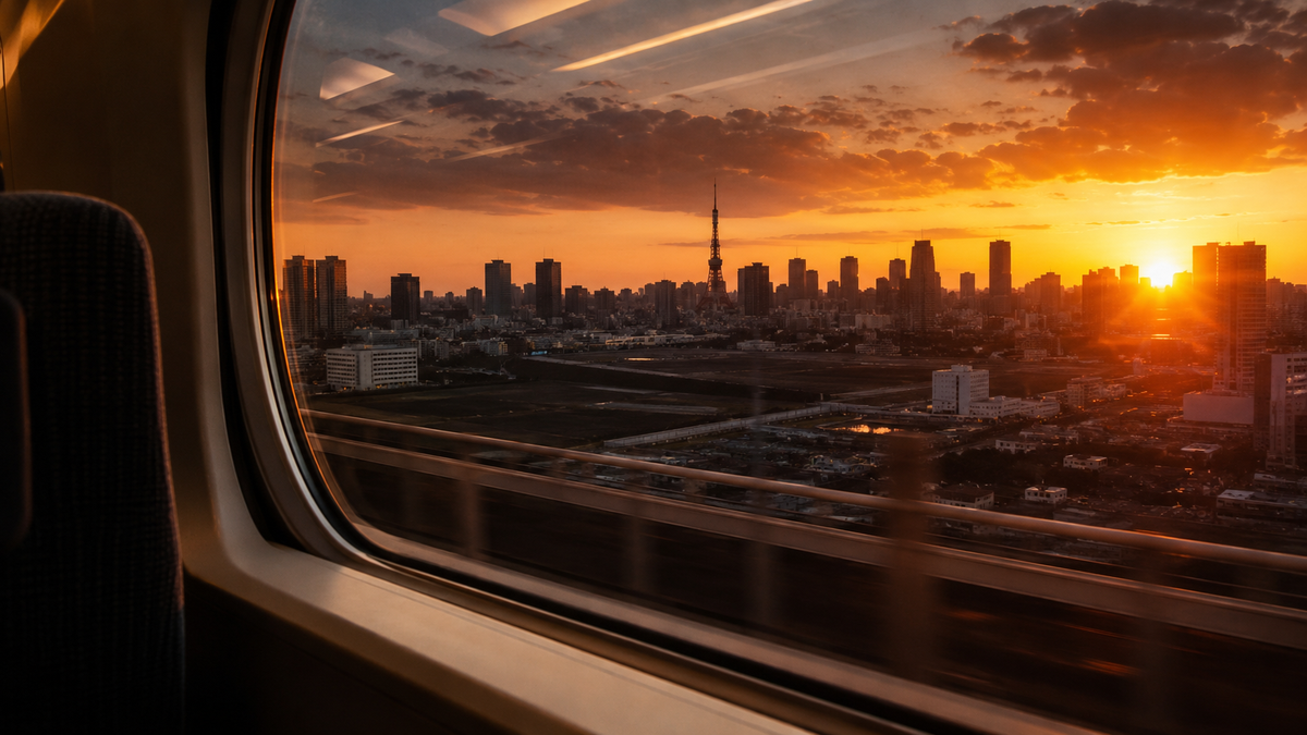 新幹線の車窓から見える夕暮れの東京 距離を越える挑戦