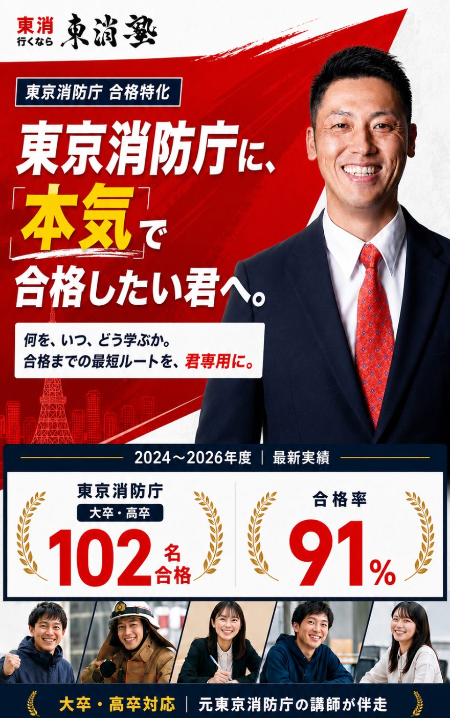 東京消防庁に、「本気」で合格したい君へ。2024〜2026年度102名合格・合格率91%