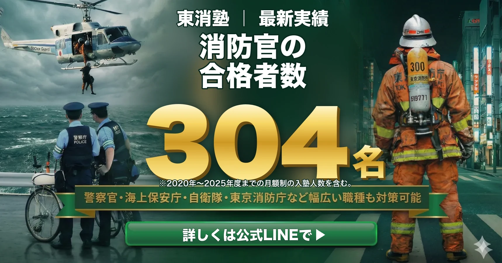 消防官の合格者数304名・合格率81.5%（※2020年〜2025年度までの月額制の入塾人数を含む。）